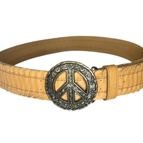 Vintage Y2K Lucky Brand Tan Leather Peace Sign Buckle Hippie Belt L - Picture 3 of 6